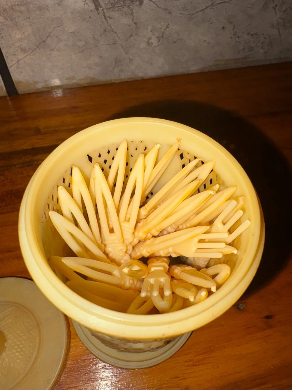 1960s MCM Lattice/ Floral Carved Resin Lidded Jar with 32 Tiny Forks Inside